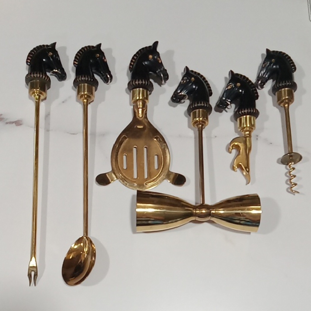 Vintage 1950's Hermes 6 Piece Black & Brass Horse-Head Bar Tool Set